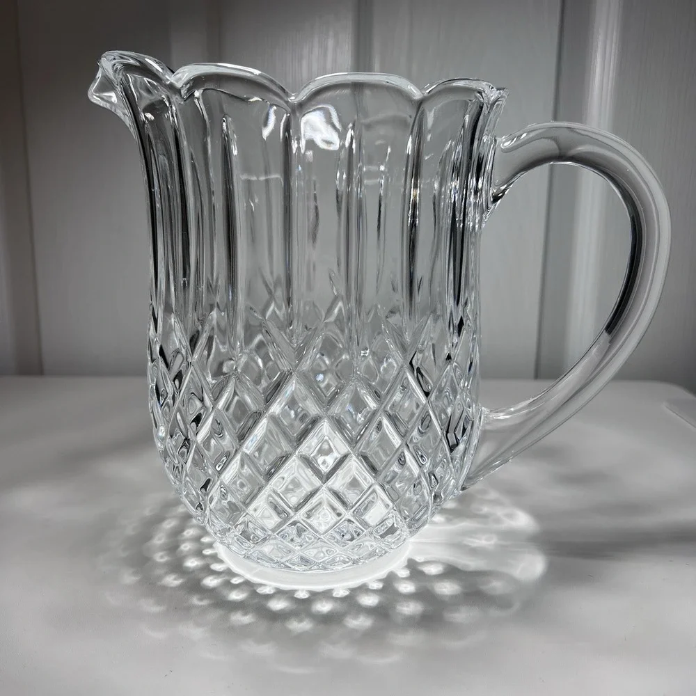 Lead Crystal Pitcher Scalloped Rim Diamond Wedge 7.5